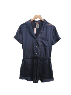 Victoria's Secret Women Sz M Navy Satin Button Front Romper Sleep Lounge Chic